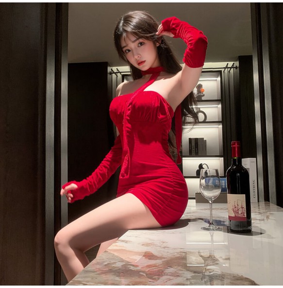 FEE ET MOI - Off-Shoulder Velvet Bustier Bodycon Dress (Red)